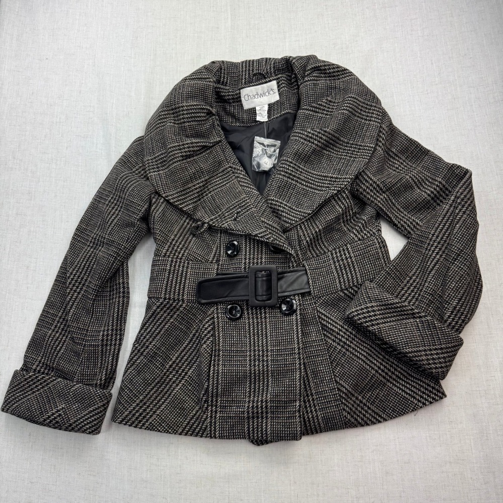 Chadwick's Pea Coat Womens Sz 6 Brown Glen Plaid Belted Shawl Collar Dk Academia
